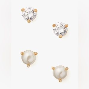 Kate Spade Rise and Shine Cream Clear Pearl Diamond Prong Stud Earribgs Set NEW